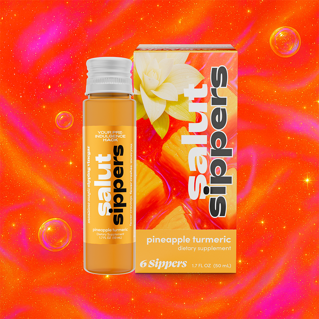 Salut Sippers Sipping Vinegar product photo prompt: a styled serving scene with the sipping vinegar bottle beside a tall glass filled with sparkling water over ice, garnished with berries and a herb sprig; subtle condensation, refreshing tart aperitif feel; premium editorial beverage photography, diffused flattering light, film-inspired color grading, low contrast.